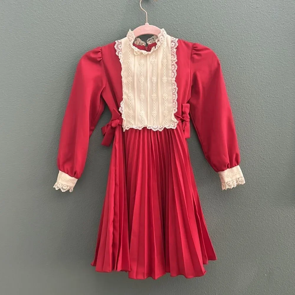 Vintage Dorissa of Miami Girls Holiday Dress Pleated Bow Detail Sz 7